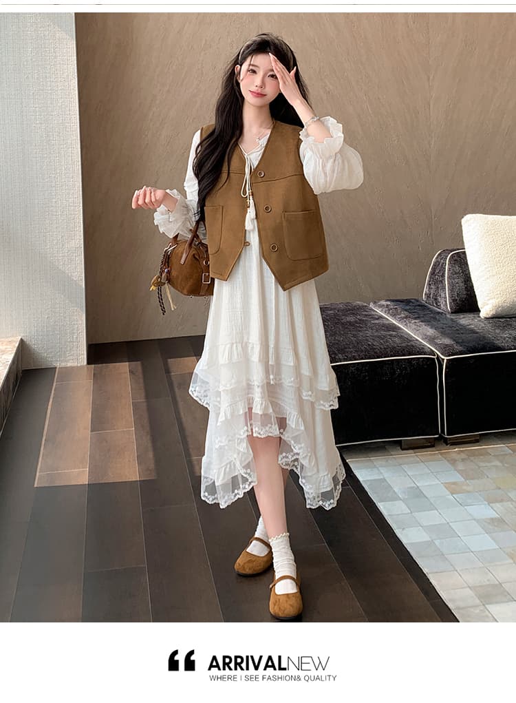지금 한 부서 달콤함 다용도 품격 연령 감소 패치워크 술 긴팔 드레스 베스트 투피스 세트 세트 상세 이미지 12