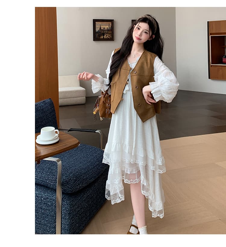 지금 한 부서 달콤함 다용도 품격 연령 감소 패치워크 술 긴팔 드레스 베스트 투피스 세트 세트 상세 이미지 21