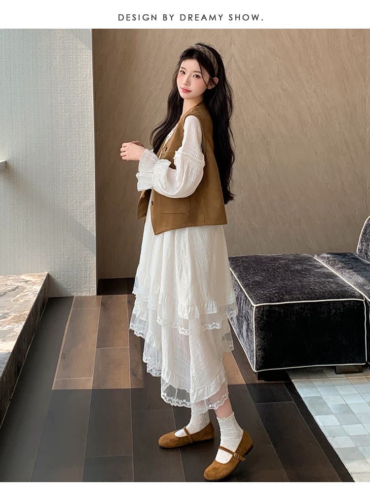 지금 한 부서 달콤함 다용도 품격 연령 감소 패치워크 술 긴팔 드레스 베스트 투피스 세트 세트 상세 이미지 25