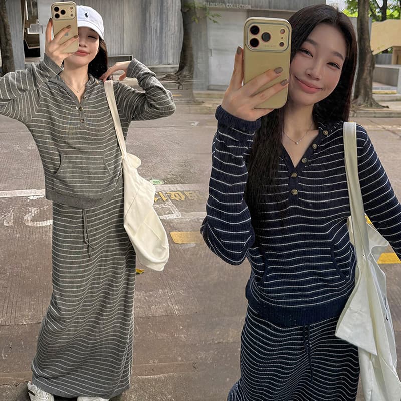 지금 한 부서 느긋한 바람 캐주얼 루즈핏 편안함 만나는 인사이드 가져 가라. 스트라이프 시작 인사이드 가져 가라. 반신 치마 세트 이미지 2
