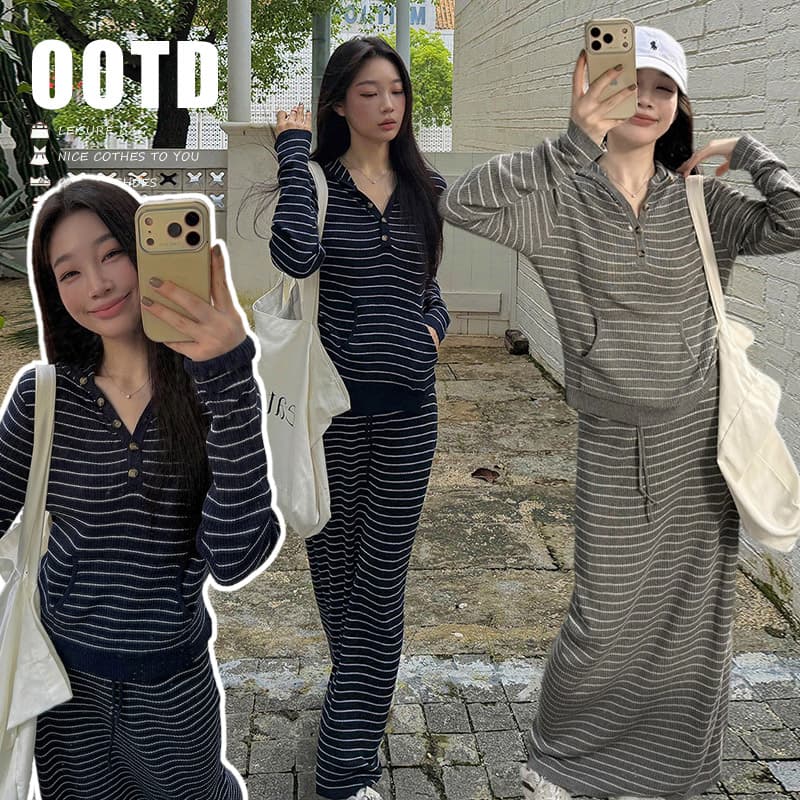지금 한 부서 느긋한 바람 캐주얼 루즈핏 편안함 만나는 인사이드 가져 가라. 스트라이프 시작 인사이드 가져 가라. 반신 치마 세트