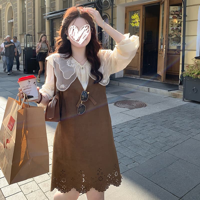 새로운 슈퍼 무거운 작업 인형 셔츠 레이스 셔츠 플러스 홀로우 아웃 디자인 센스 스웨이드 원단 조끼 치마 세트 여성 이미지 4