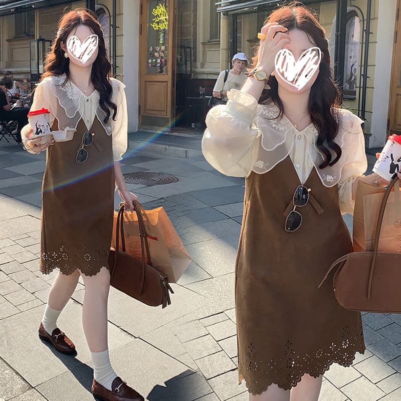 새로운 슈퍼 무거운 작업 인형 셔츠 레이스 셔츠 플러스 홀로우 아웃 디자인 센스 스웨이드 원단 조끼 치마 세트 여성