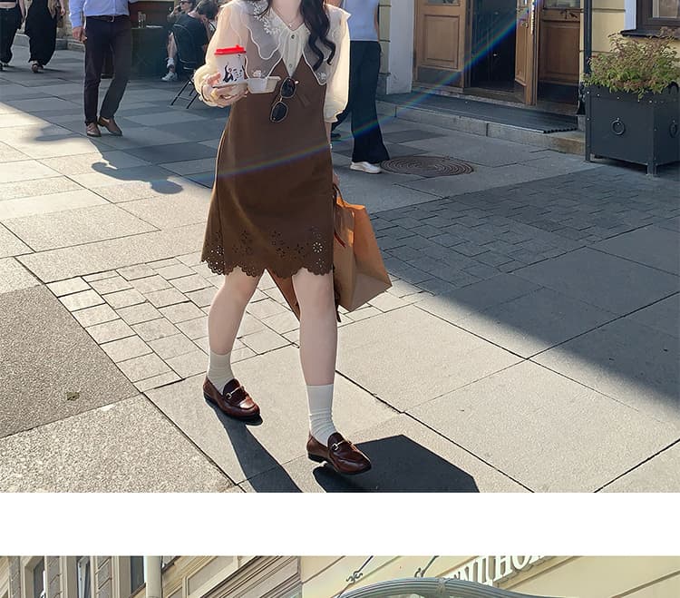 새로운 슈퍼 무거운 작업 인형 셔츠 레이스 셔츠 플러스 홀로우 아웃 디자인 센스 스웨이드 원단 조끼 치마 세트 여성 상세 이미지 21