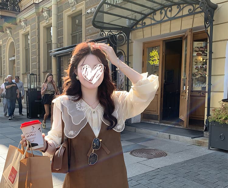 새로운 슈퍼 무거운 작업 인형 셔츠 레이스 셔츠 플러스 홀로우 아웃 디자인 센스 스웨이드 원단 조끼 치마 세트 여성 상세 이미지 43