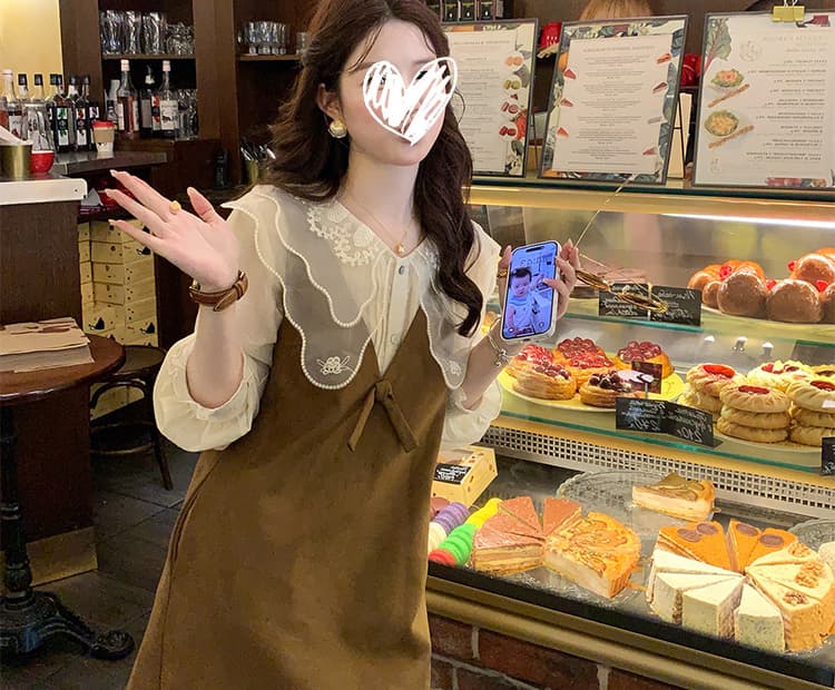 새로운 슈퍼 무거운 작업 인형 셔츠 레이스 셔츠 플러스 홀로우 아웃 디자인 센스 스웨이드 원단 조끼 치마 세트 여성 상세 이미지 47