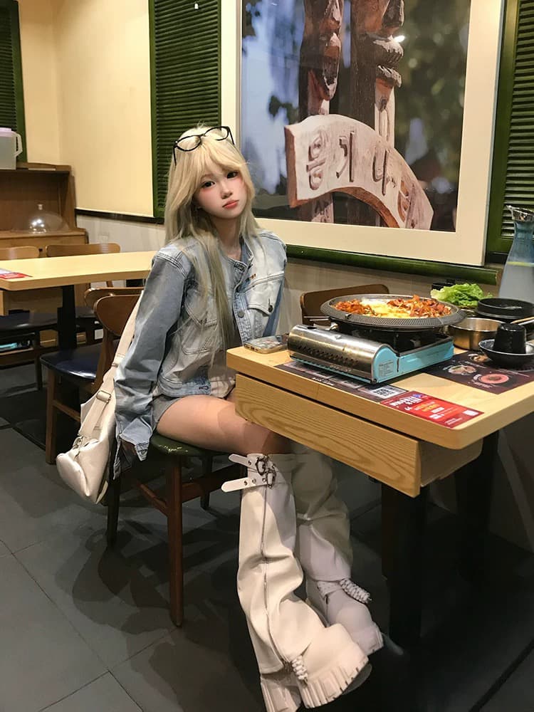 jmj 아메리칸 레트로 알파벳 자수 워싱 마 오래된 데님 재킷 남녀 루즈핏 캐주얼 세련된 긍정적 인 어깨 재킷 이미지 4