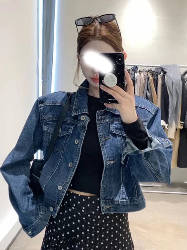 파리 거리 슛 진한 파란색 미니멀리즘 센스 데님 재킷 상세 이미지 8