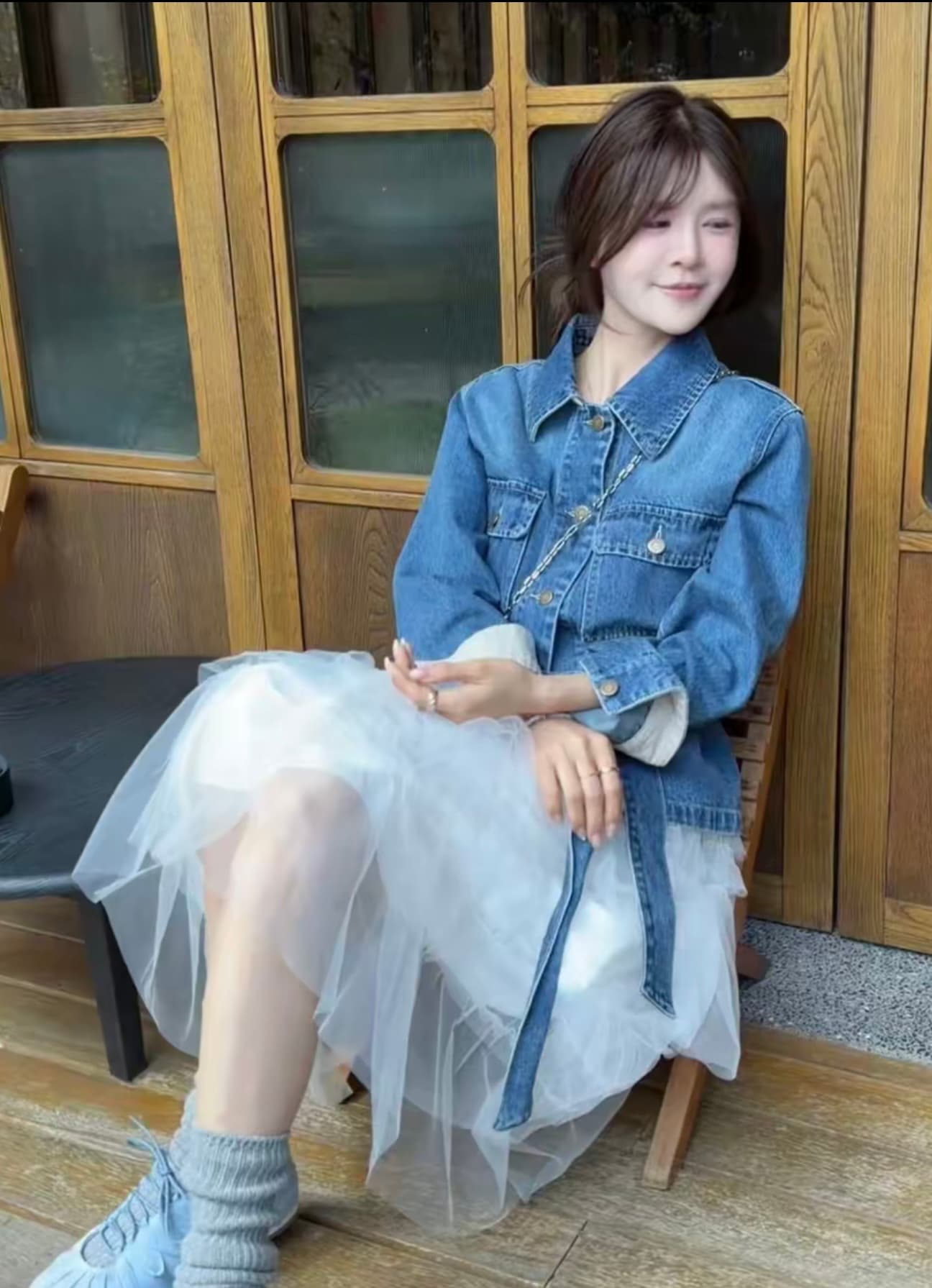 캐주얼 데님 한 부서 폴로 칼라 허리 수축 데님 재킷 이미지 3