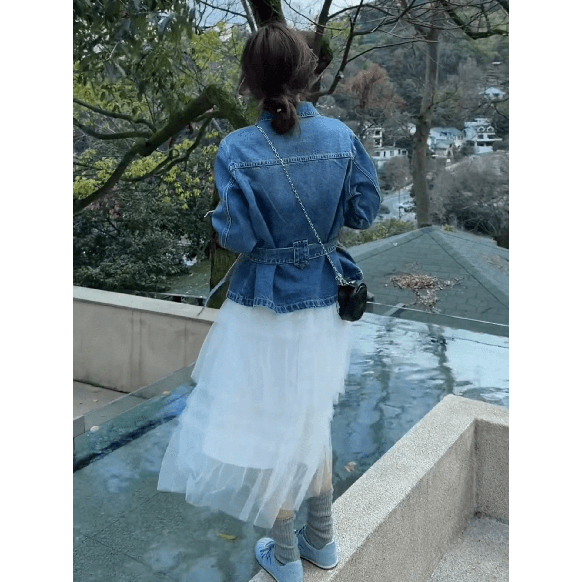 캐주얼 데님 한 부서 폴로 칼라 허리 수축 데님 재킷 이미지 6