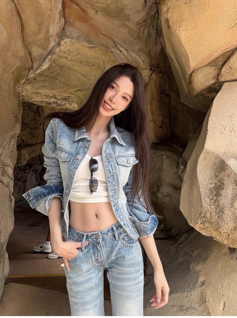 시 웨이 리앙 세련된 데님 여성 몸매 가꾸기 센스 워싱 허리 수축 데님 짧은 외투 부츠컷 바지 세트 투피스 세트 상세 이미지 8