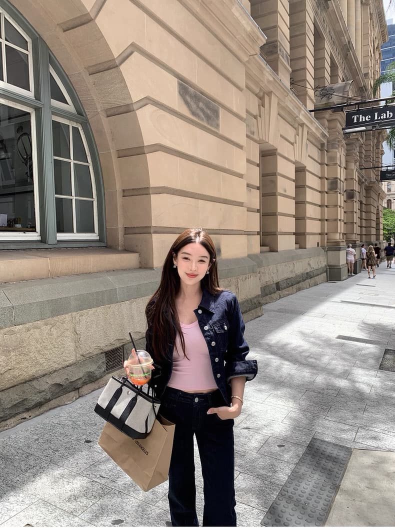 시 웨이 리앙 세련된 데님 여성 몸매 가꾸기 센스 워싱 허리 수축 데님 짧은 외투 부츠컷 바지 세트 투피스 세트 상세 이미지 12