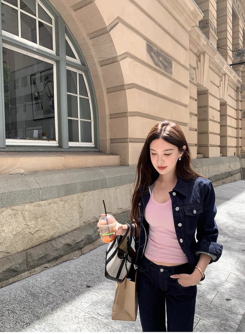 시 웨이 리앙 세련된 데님 여성 몸매 가꾸기 센스 워싱 허리 수축 데님 짧은 외투 부츠컷 바지 세트 투피스 세트 상세 이미지 13