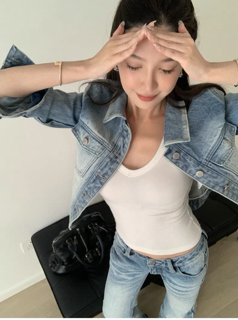 시 웨이 리앙 세련된 데님 여성 몸매 가꾸기 센스 워싱 허리 수축 데님 짧은 외투 부츠컷 바지 세트 투피스 세트 상세 이미지 17