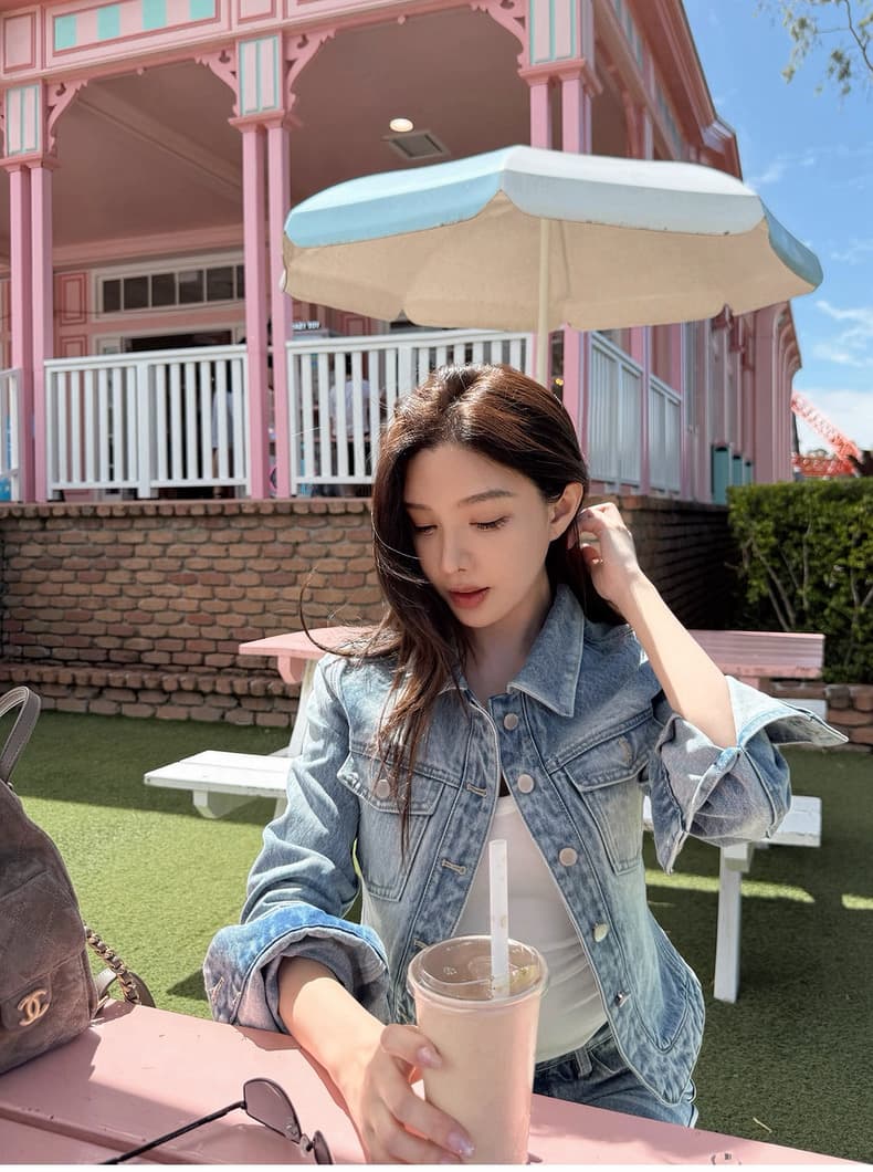 시 웨이 리앙 세련된 데님 여성 몸매 가꾸기 센스 워싱 허리 수축 데님 짧은 외투 부츠컷 바지 세트 투피스 세트 상세 이미지 23