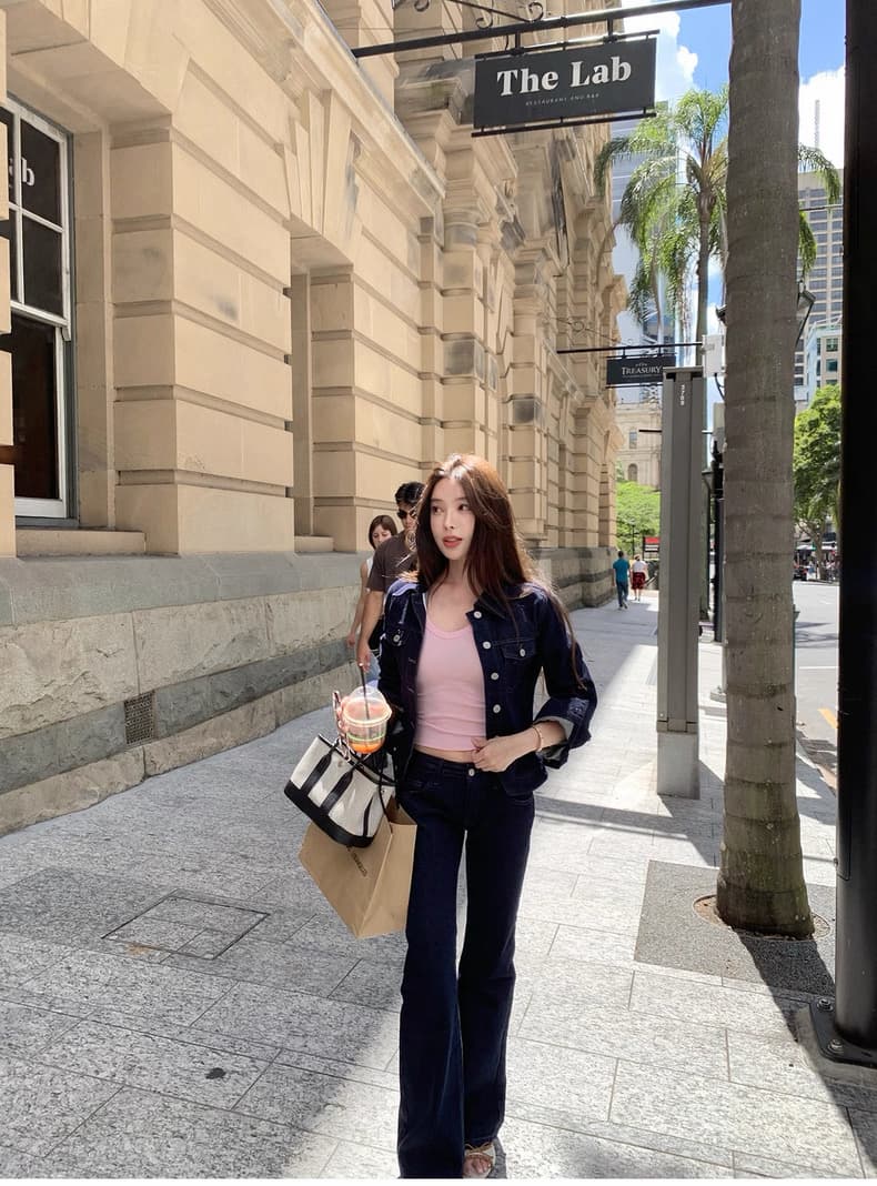 시 웨이 리앙 세련된 데님 여성 몸매 가꾸기 센스 워싱 허리 수축 데님 짧은 외투 부츠컷 바지 세트 투피스 세트 상세 이미지 31