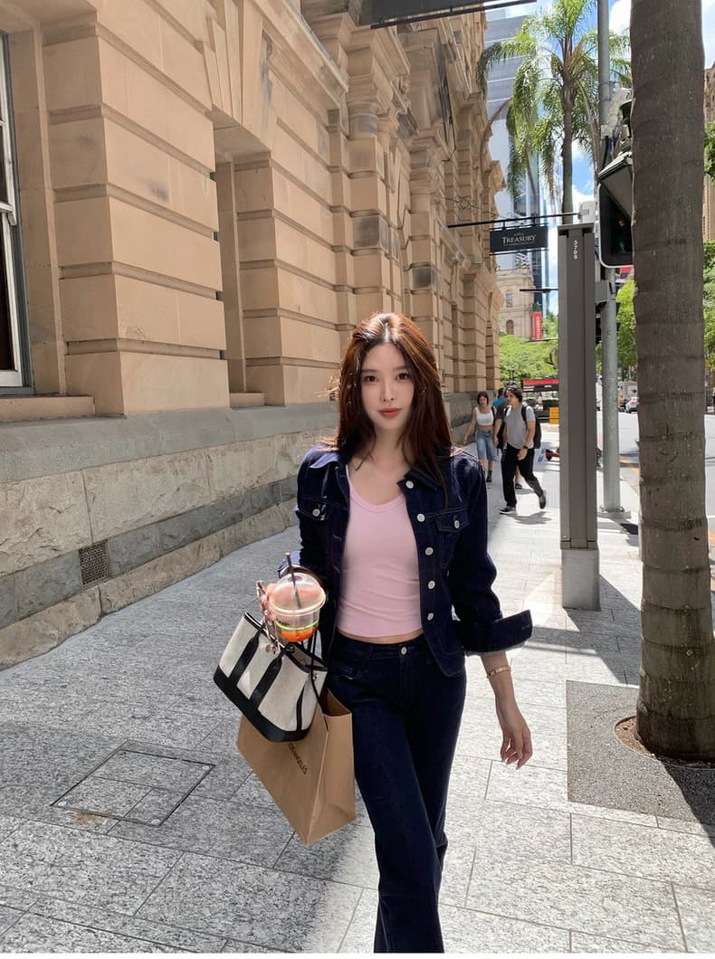 시 웨이 리앙 세련된 데님 여성 몸매 가꾸기 센스 워싱 허리 수축 데님 짧은 외투 부츠컷 바지 세트 투피스 세트 상세 이미지 38