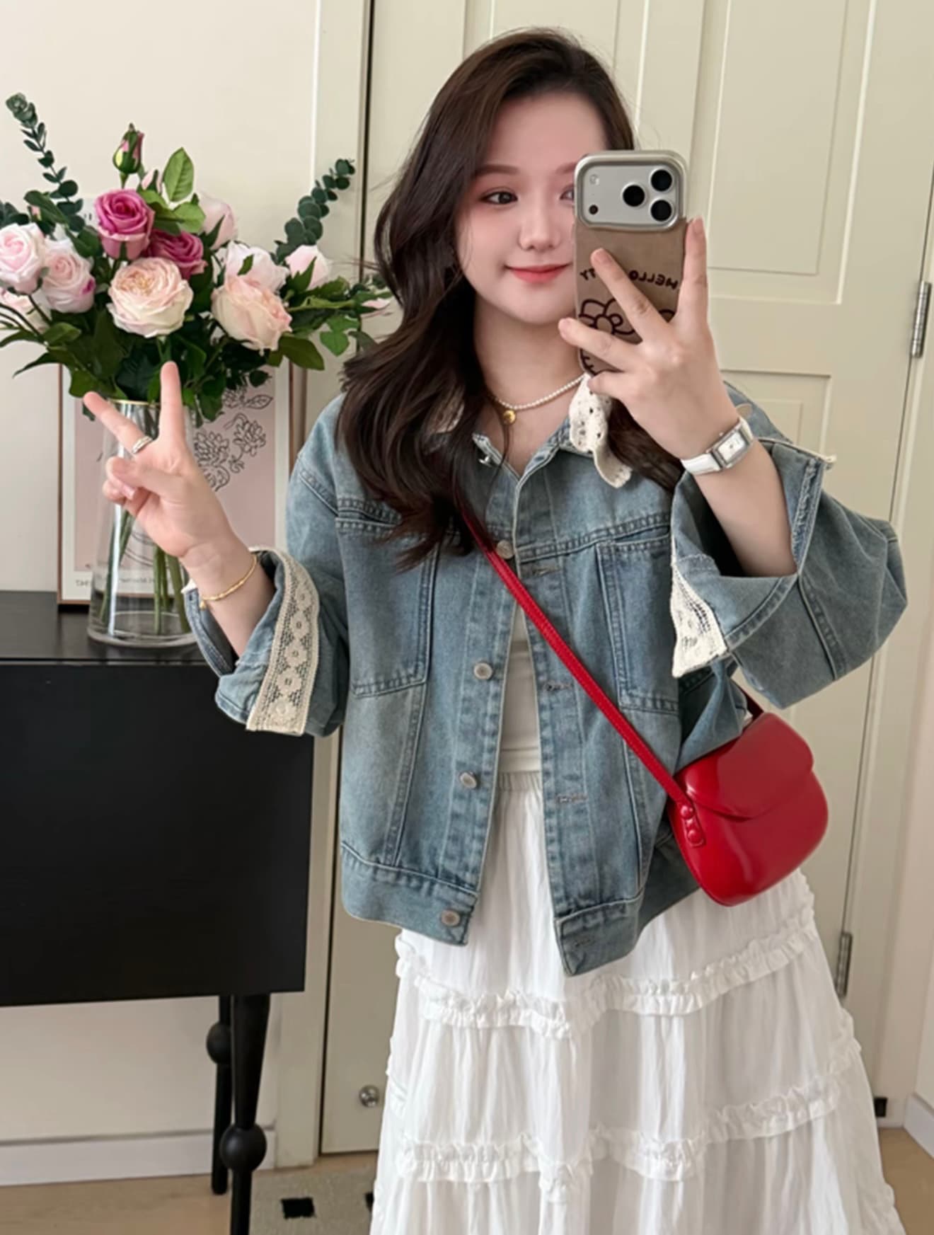 작은 키 봄 가을 한 부서 레트로 출퇴근 다용도 루즈핏 슬림해 보이는 다용도 네클라인 레이스 수 있습니다. 철거 데님 여성 코트 상세 이미지 2