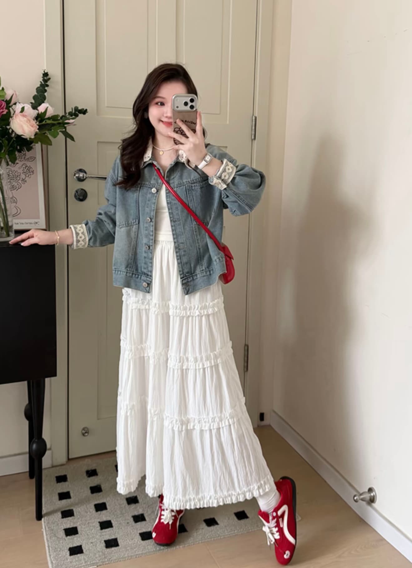 작은 키 봄 가을 한 부서 레트로 출퇴근 다용도 루즈핏 슬림해 보이는 다용도 네클라인 레이스 수 있습니다. 철거 데님 여성 코트 상세 이미지 3