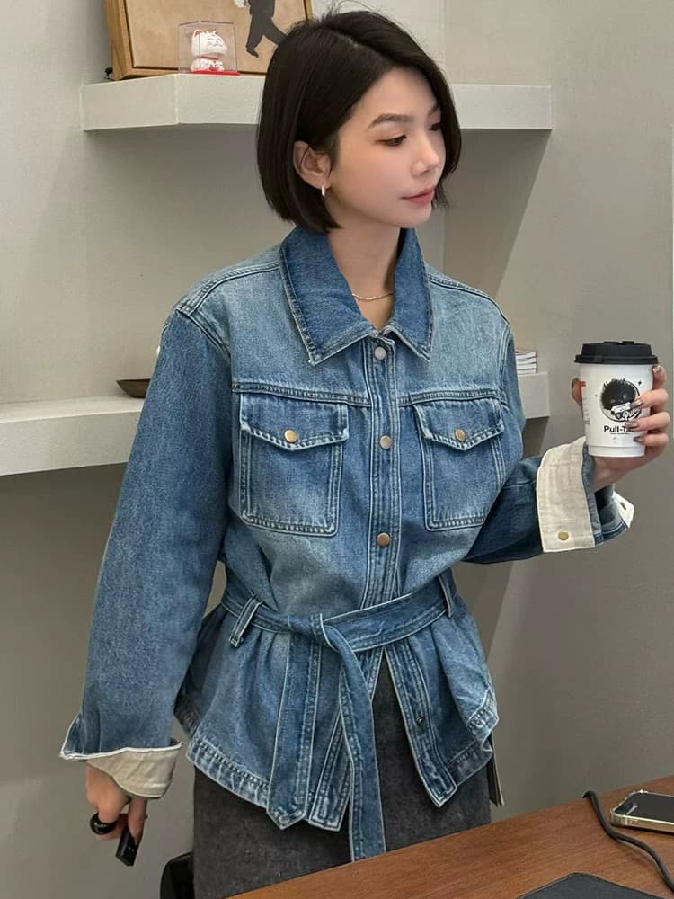 레트로 워싱 레이스업 허리 수축 데님 여성 코트 2026 봄 루즈핏 슬림해 보이는 다용도 셔츠 재킷 맨위 트렌디 이미지 2