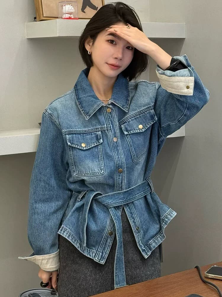 레트로 워싱 레이스업 허리 수축 데님 여성 코트 2026 봄 루즈핏 슬림해 보이는 다용도 셔츠 재킷 맨위 트렌디 이미지 3