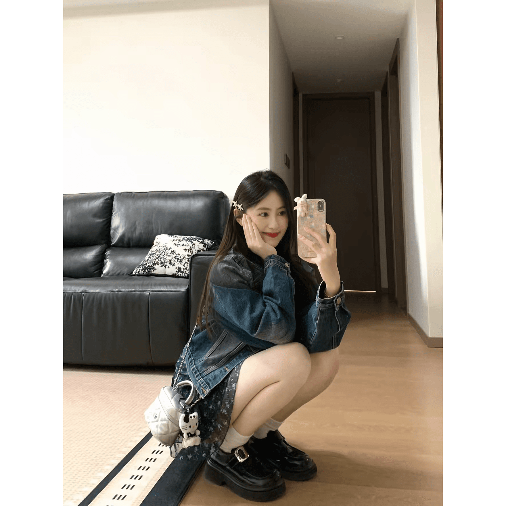 진한 파란색 데님 재킷 쇼트 스타일 꽃무늬 슬립 드레스 투피스 세트 작은 키 2026 년 봄 품격 세트 캐주얼 이미지 6