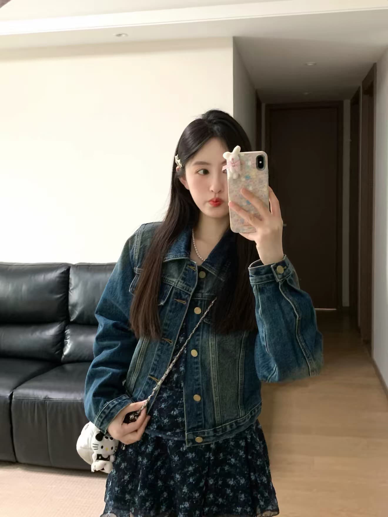 진한 파란색 데님 재킷 쇼트 스타일 꽃무늬 슬립 드레스 투피스 세트 작은 키 2026 년 봄 품격 세트 캐주얼 상세 이미지 3
