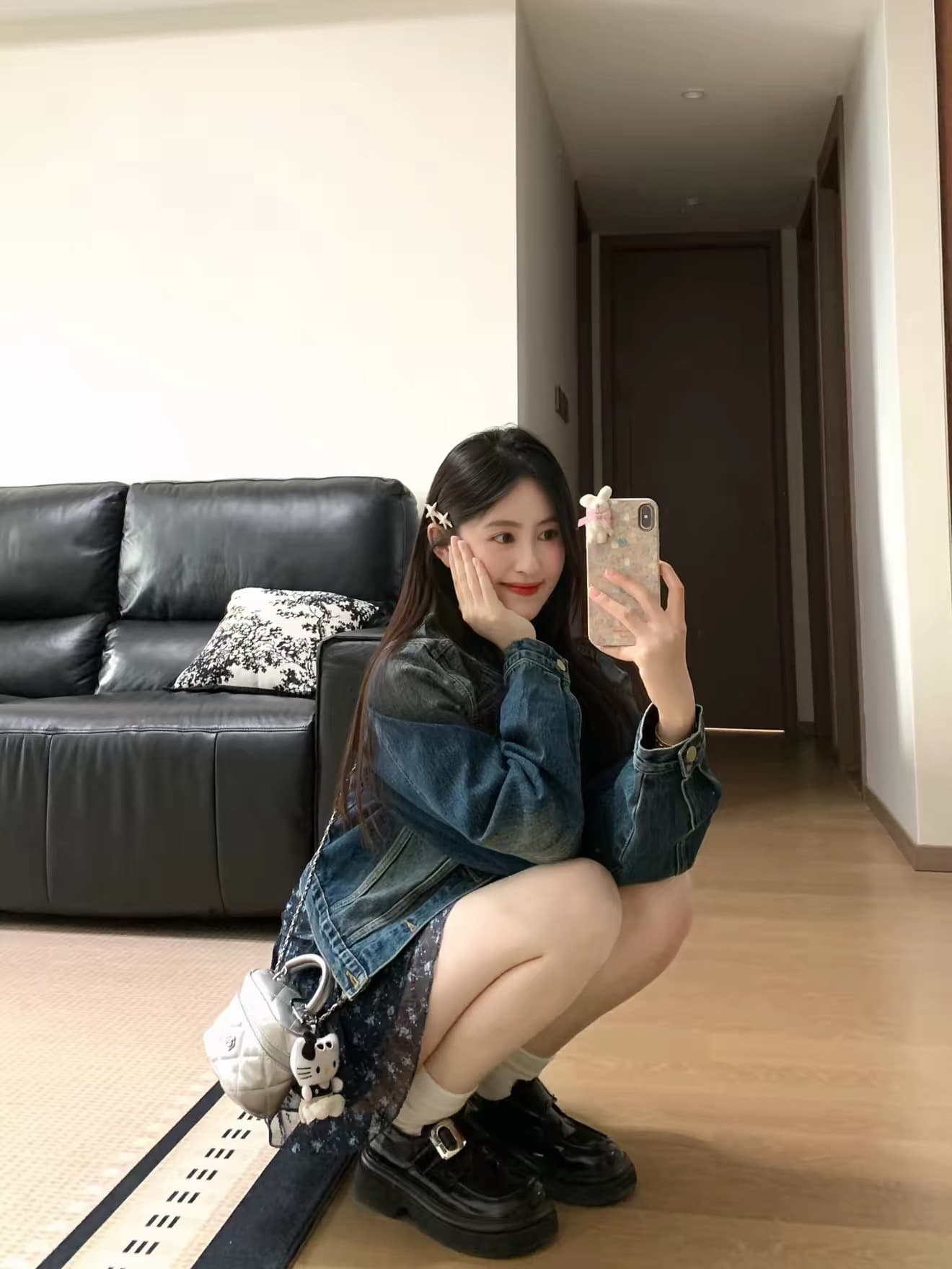 진한 파란색 데님 재킷 쇼트 스타일 꽃무늬 슬립 드레스 투피스 세트 작은 키 2026 년 봄 품격 세트 캐주얼 상세 이미지 4