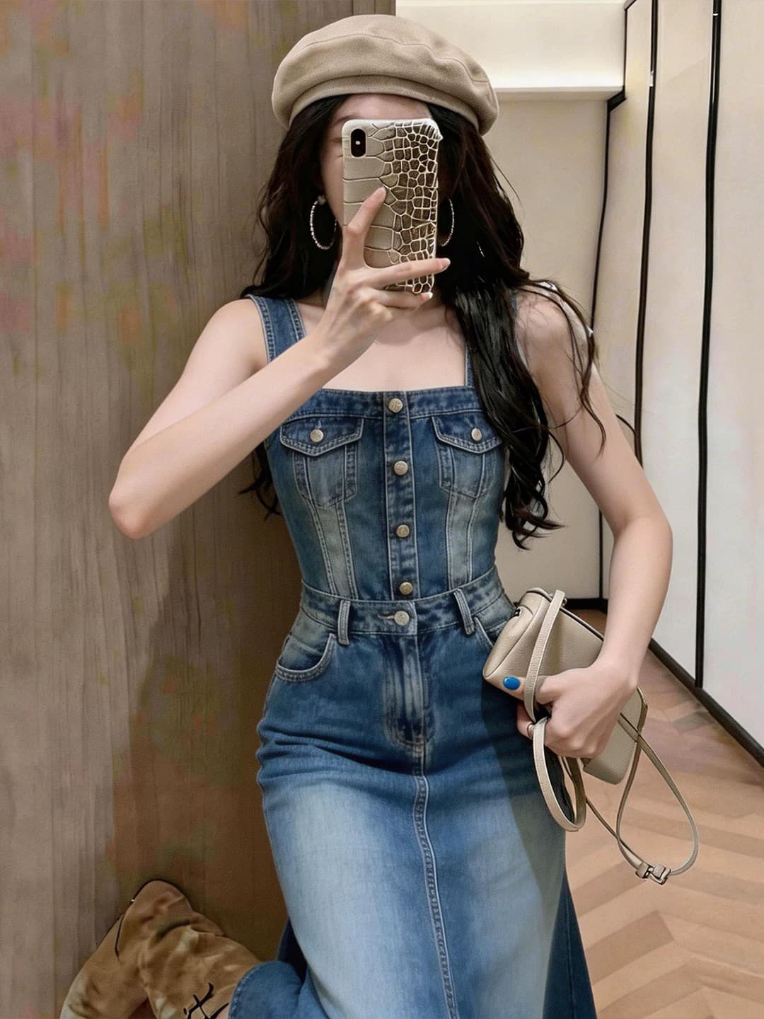 품격 파란색 데님 민소매 조끼 여성 드레스 2026 여름 특별 아름다운 꼬집기 허리 자이언트 잘 생긴 길다 치마 이미지 5