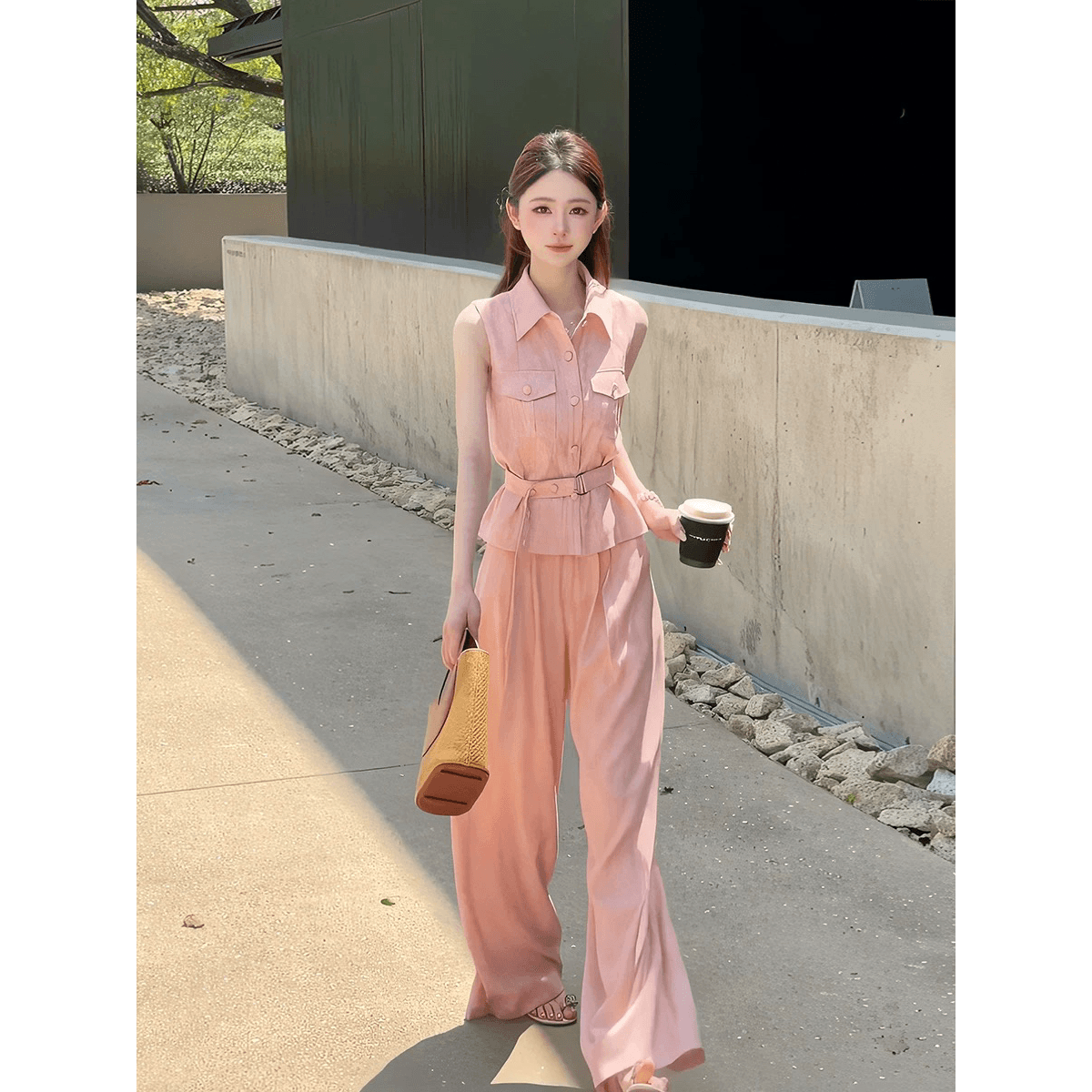 익스트림 제인 핑크색 민소매 셔츠 와이드 레그 팬츠 세트 여성 여름 새로운 오래된 돈 바람 허리 수축 패션 연령 감소 투피스 세트 이미지 6