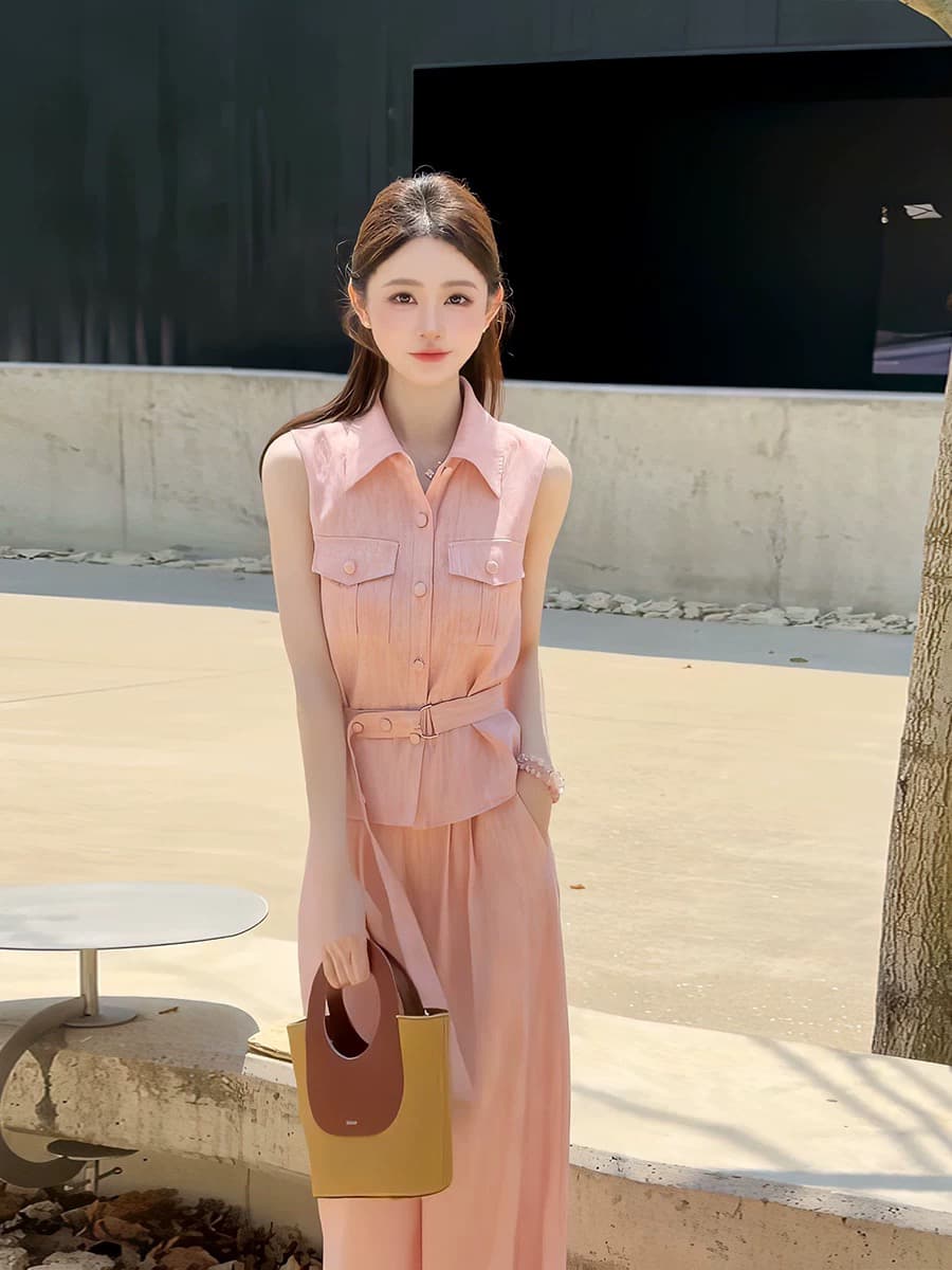 익스트림 제인 핑크색 민소매 셔츠 와이드 레그 팬츠 세트 여성 여름 새로운 오래된 돈 바람 허리 수축 패션 연령 감소 투피스 세트 상세 이미지 3