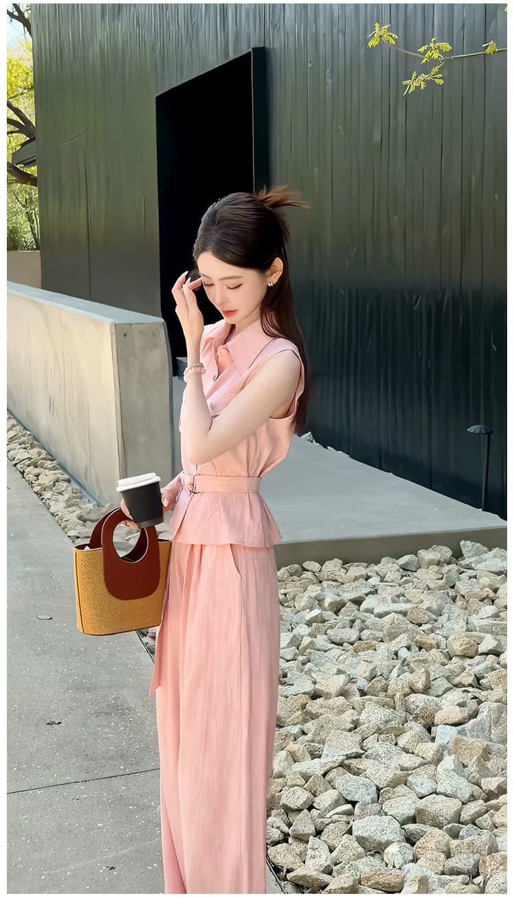 익스트림 제인 핑크색 민소매 셔츠 와이드 레그 팬츠 세트 여성 여름 새로운 오래된 돈 바람 허리 수축 패션 연령 감소 투피스 세트 상세 이미지 7