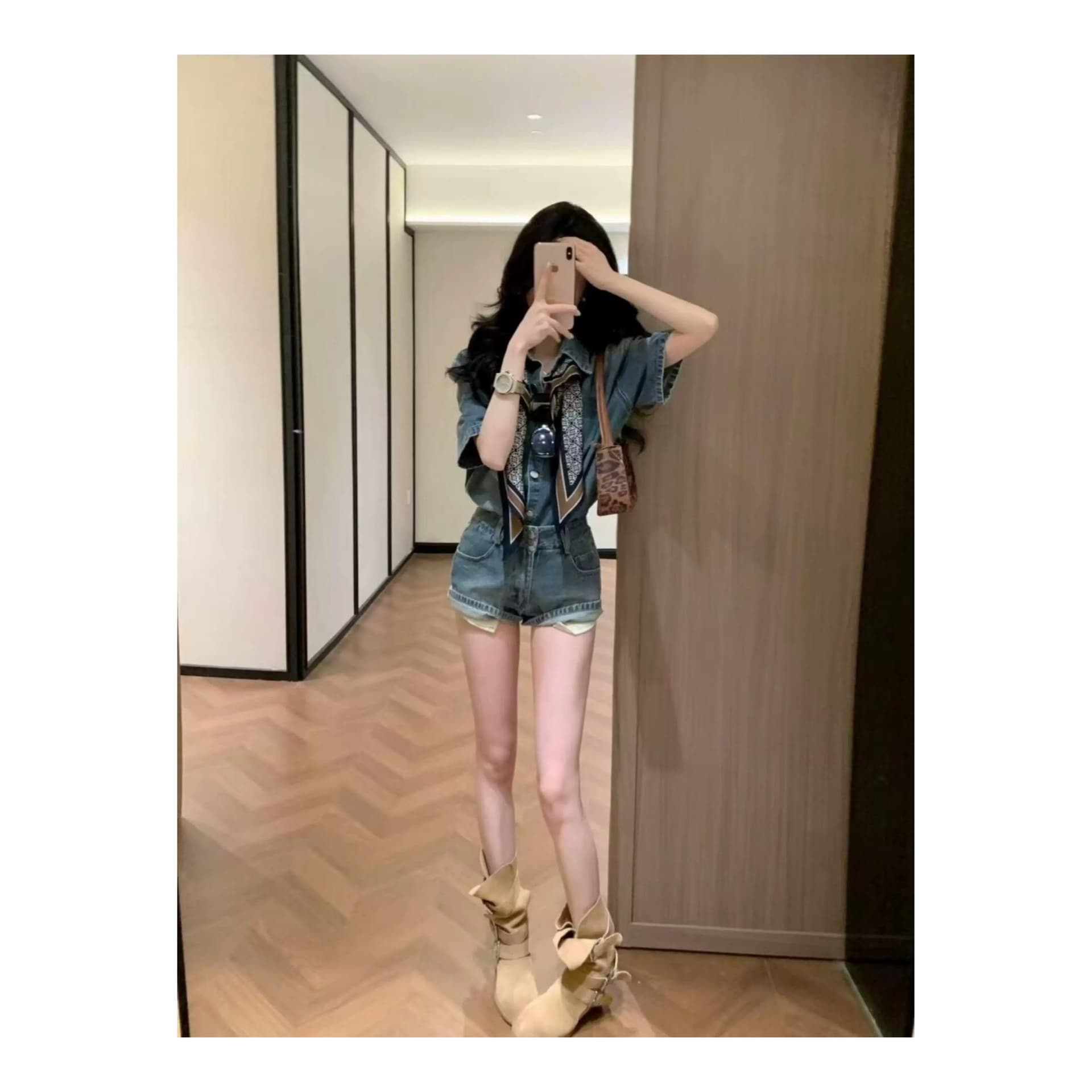 레트로 루즈핏 파란색 데님 셔츠 세트 여성 봄 2026 새로운 캐주얼 착용 가져 가라. 스트레이트 반바지 투피스 세트 이미지 6