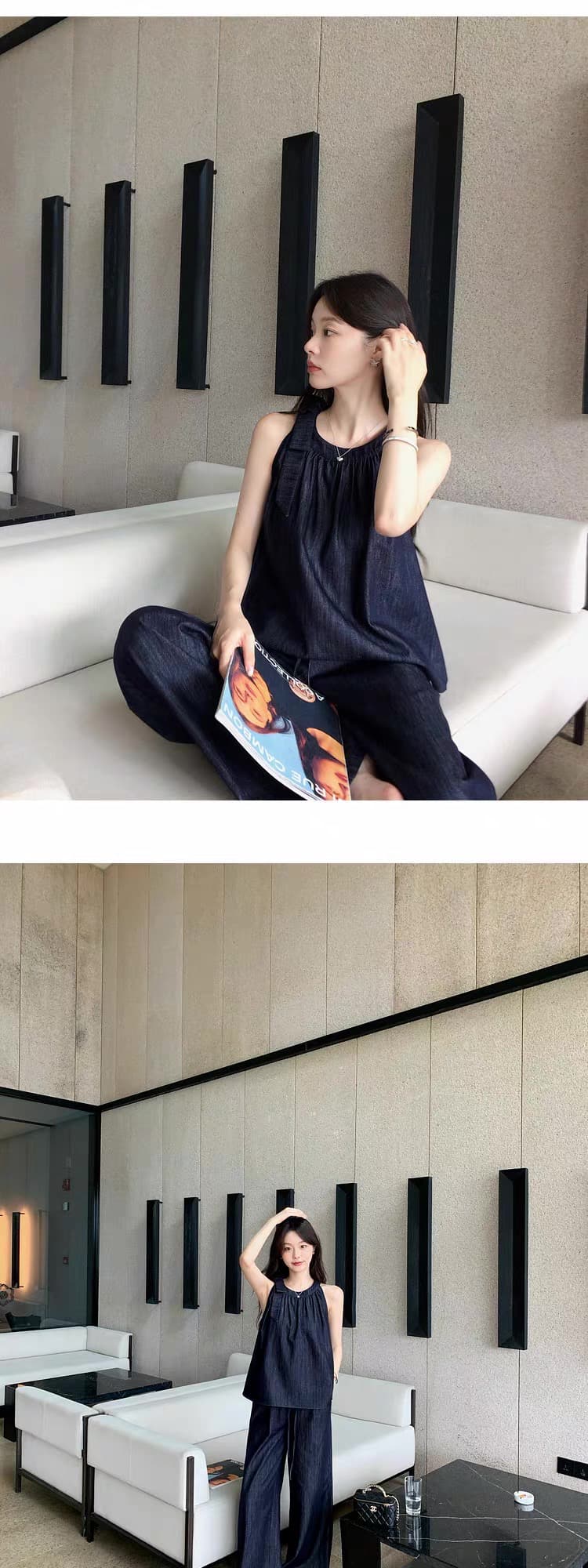 장 베이 베이 ibell 국방 페이딩 크메르어 데님 세트 나비 매듭 행침 목 인형 셔츠 레트로 항구 바람 와이드 레그 팬츠 상세 이미지 11