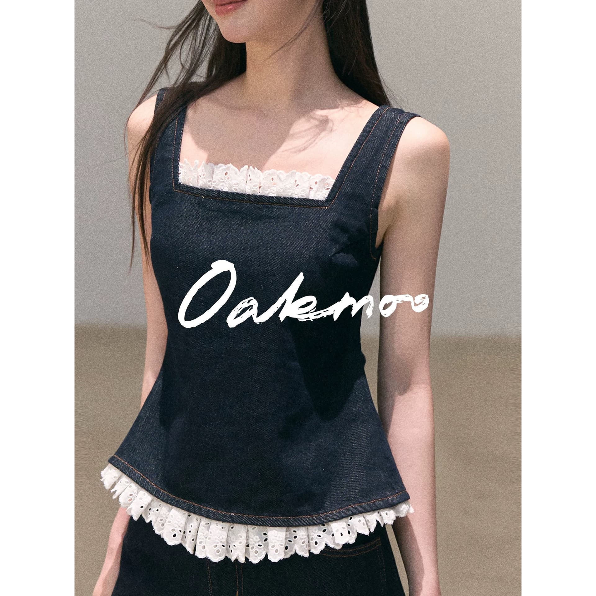 oakmoo 있으라. 햇빛 일 건조 ~을 통해 보헤미안 레이스 데님 캐미솔 와이드 레그 팬츠 휴가 바람 세트 이미지 6