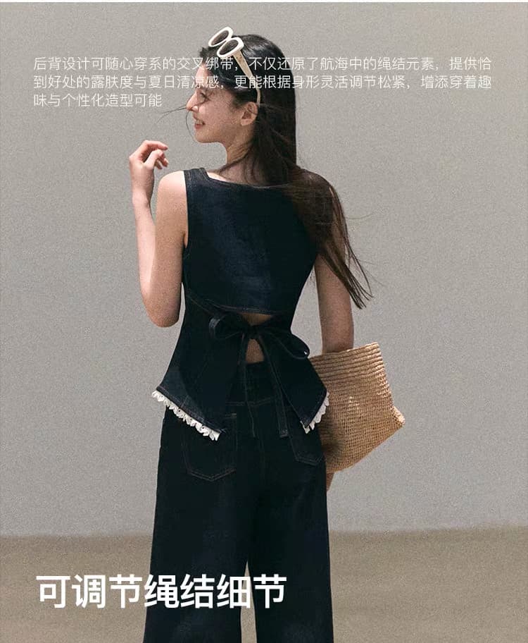 oakmoo 있으라. 햇빛 일 건조 ~을 통해 보헤미안 레이스 데님 캐미솔 와이드 레그 팬츠 휴가 바람 세트 상세 이미지 5