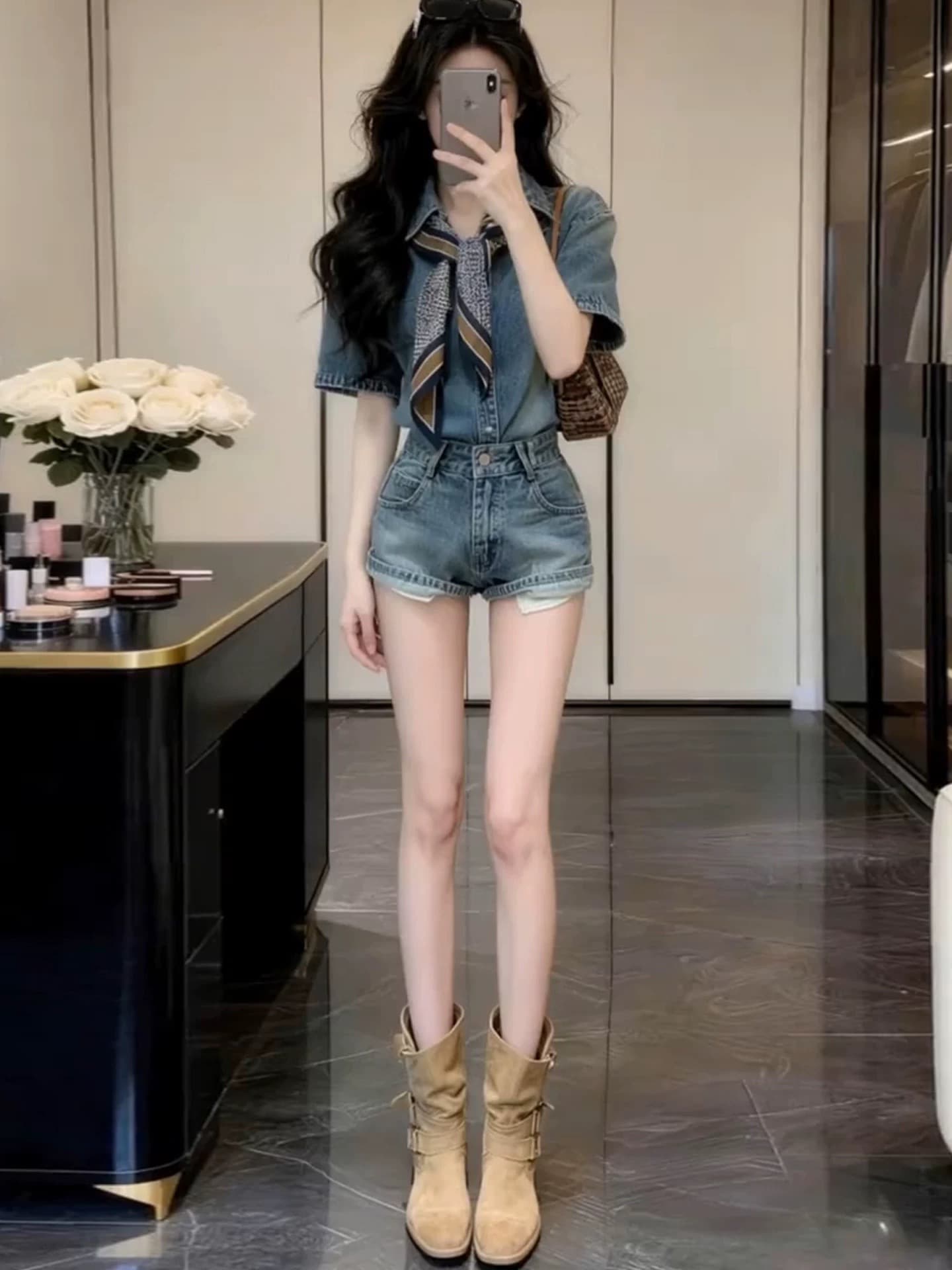 레트로 루즈핏 파란색 데님 셔츠 세트 여성 봄 2026 새로운 캐주얼 착용 가져 가라. 스트레이트 반바지 투피스 세트 이미지 3