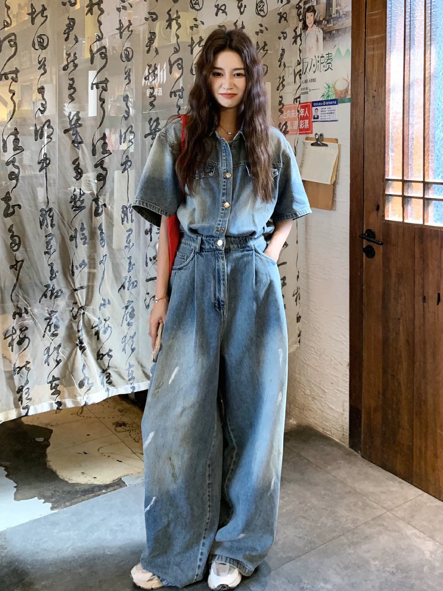 다시 차가운 다시 바람의 소리 데님 올인원 바지 세트 여성 여름 얇은 스타일 슈퍼 화재 잘 생긴 루즈핏 슬림해 보이는 캐주얼 넓은 다리 원피스 의류 이미지 2