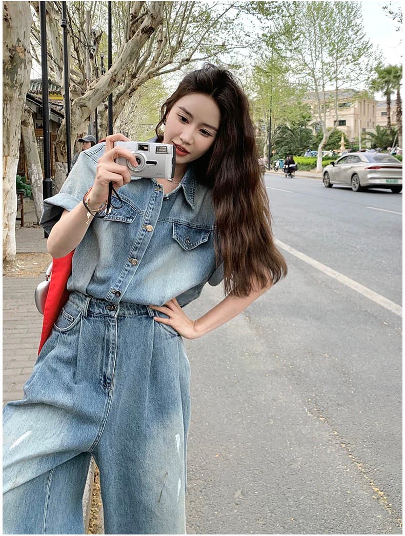 다시 차가운 다시 바람의 소리 데님 올인원 바지 세트 여성 여름 얇은 스타일 슈퍼 화재 잘 생긴 루즈핏 슬림해 보이는 캐주얼 넓은 다리 원피스 의류 상세 이미지 6