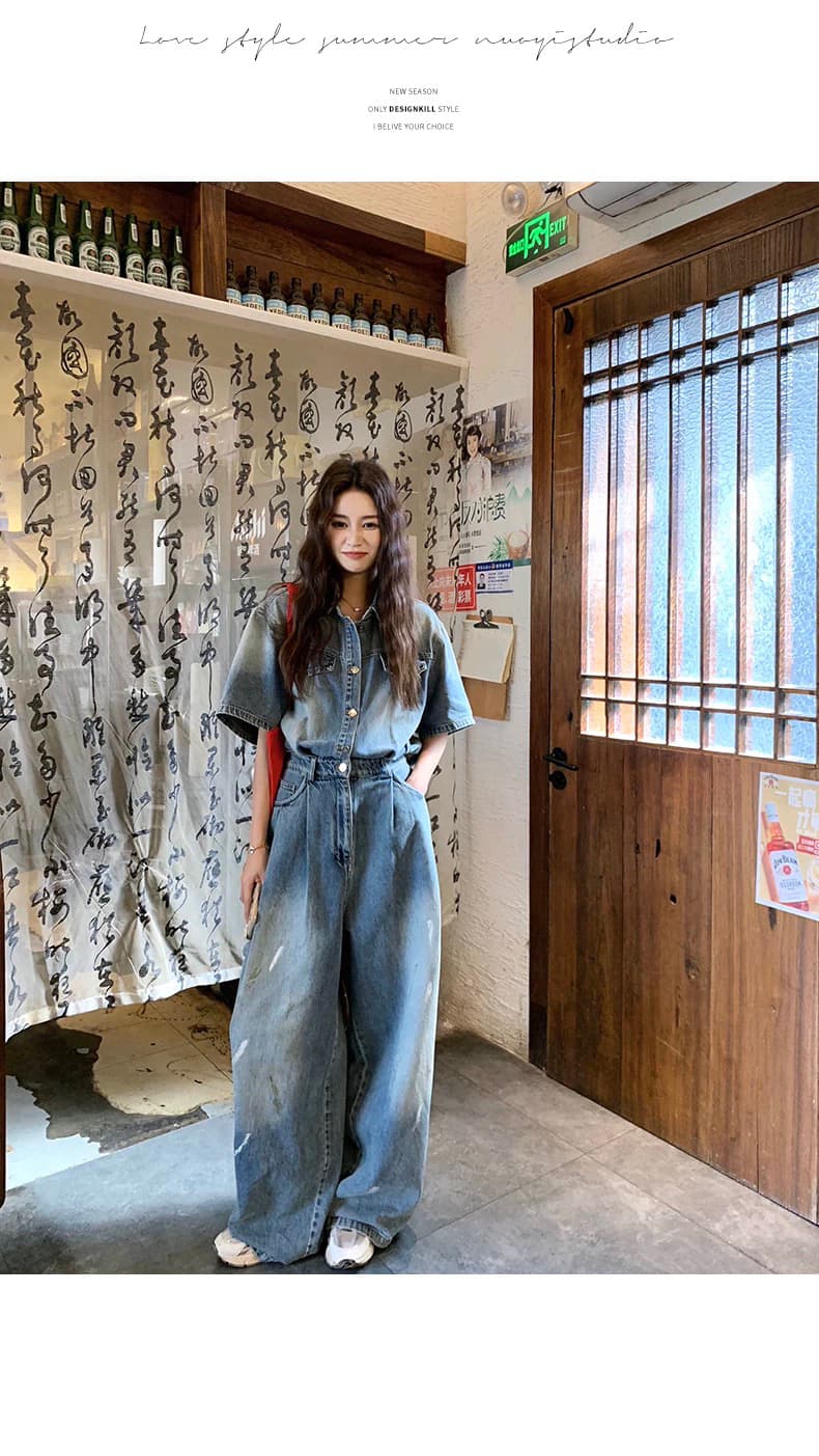 다시 차가운 다시 바람의 소리 데님 올인원 바지 세트 여성 여름 얇은 스타일 슈퍼 화재 잘 생긴 루즈핏 슬림해 보이는 캐주얼 넓은 다리 원피스 의류 상세 이미지 16