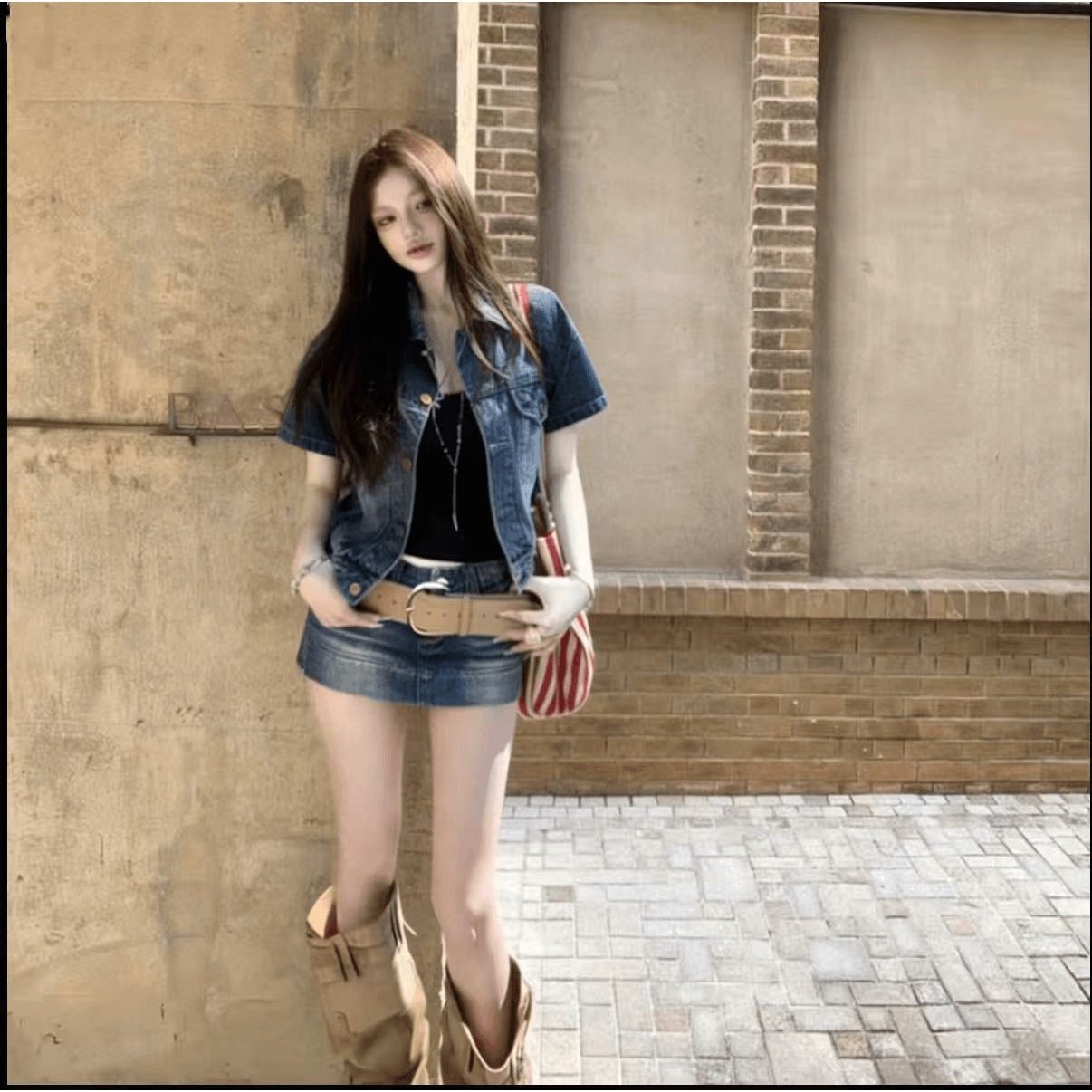 레트로 핫걸 데님 세트 여성 루즈핏 슬림해 보이는 재킷 순수한 욕망 로우 웨이스트 치마바지 투피스 세트 트렌디 이미지 6