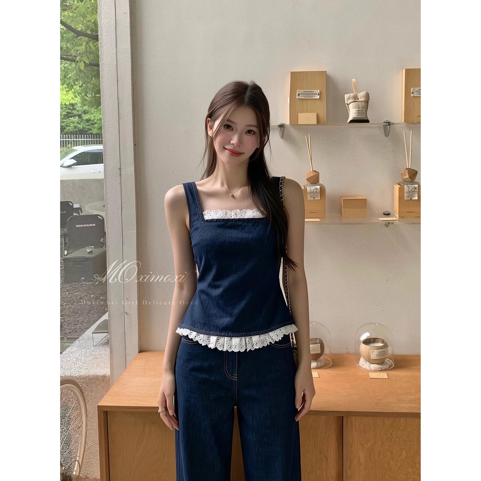 moxi 있으라. 햇빛 일 건조 ~을 통해 보헤미안 레이스 데님 캐미솔 와이드 레그 팬츠 휴가 바람 세트 이미지 5