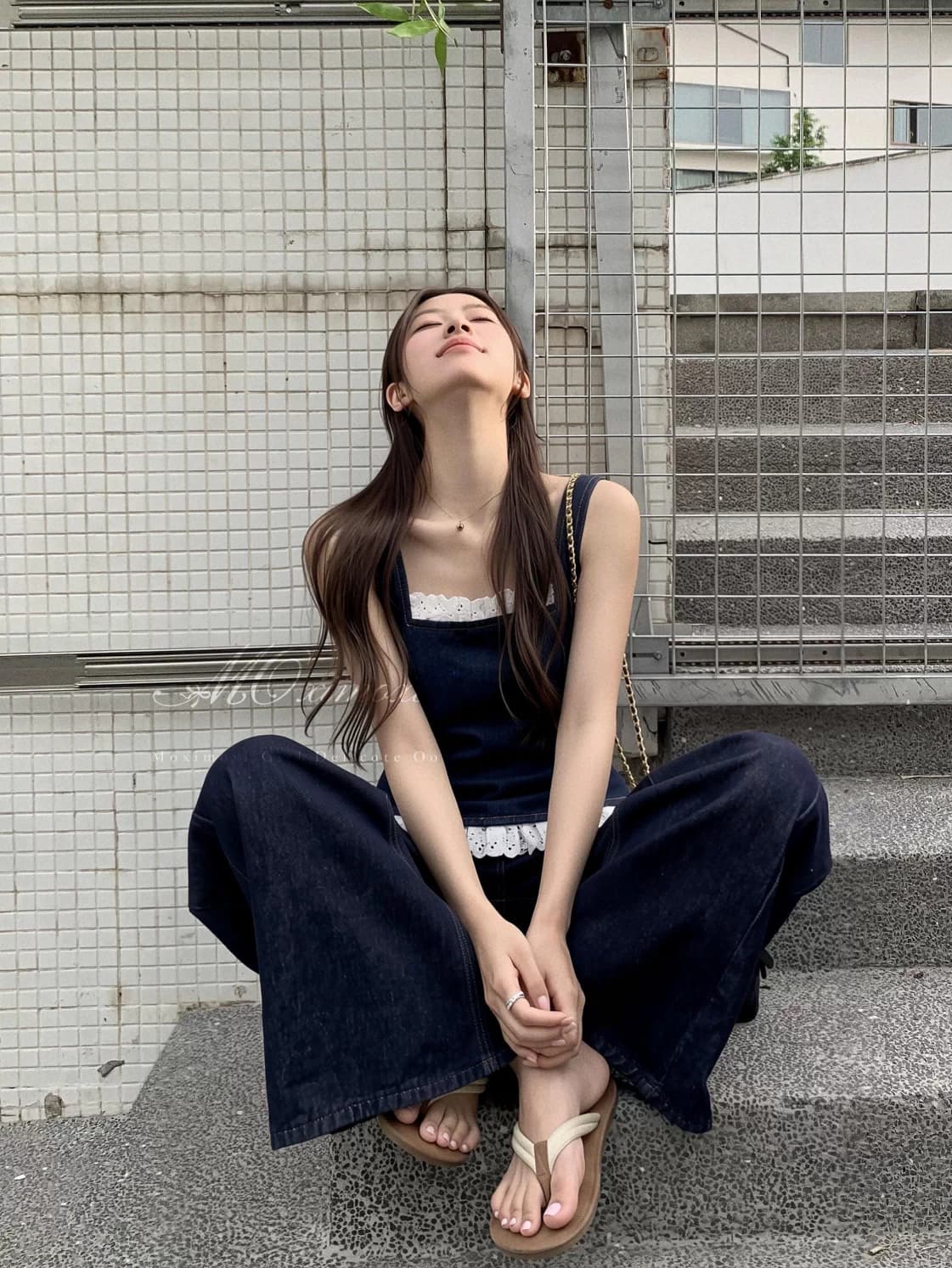moxi 있으라. 햇빛 일 건조 ~을 통해 보헤미안 레이스 데님 캐미솔 와이드 레그 팬츠 휴가 바람 세트 상세 이미지 6