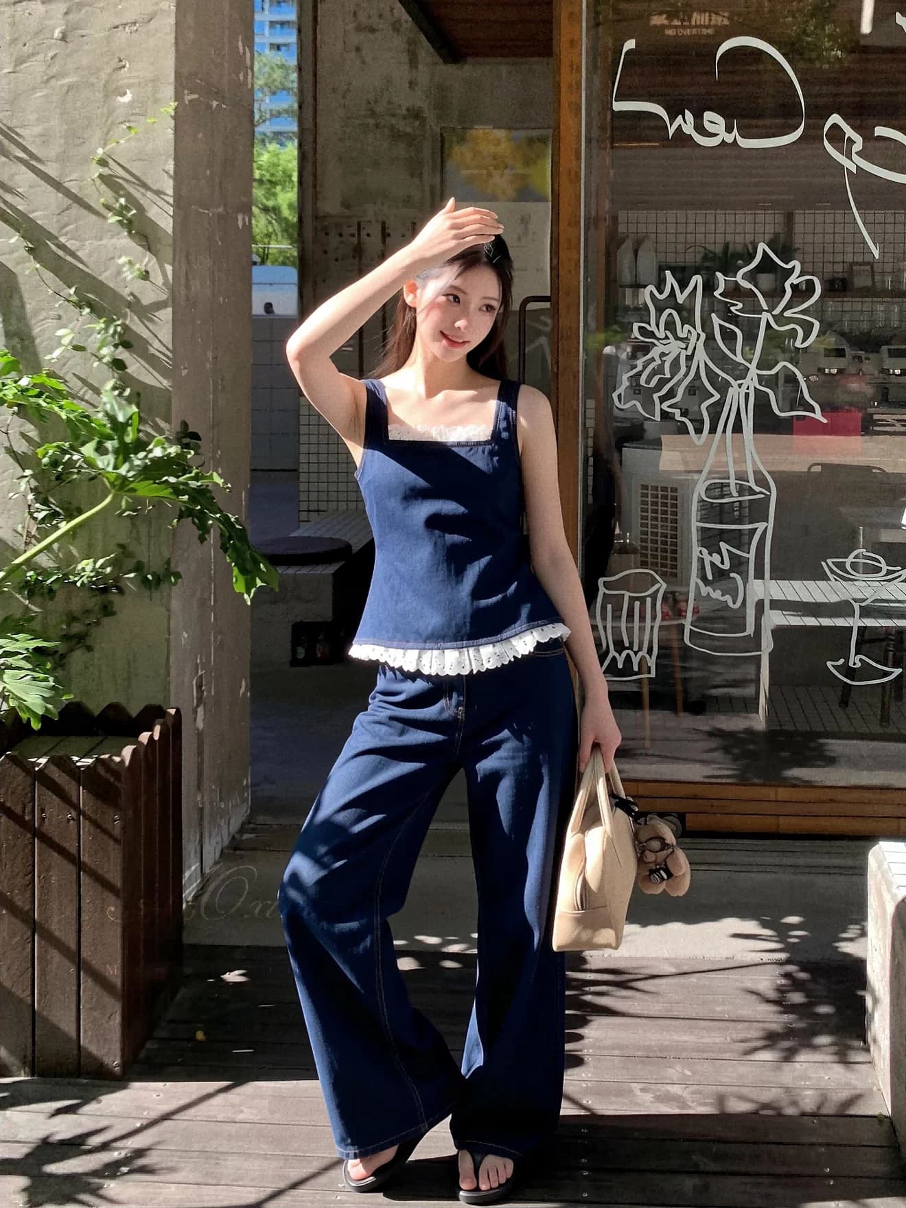 moxi 있으라. 햇빛 일 건조 ~을 통해 보헤미안 레이스 데님 캐미솔 와이드 레그 팬츠 휴가 바람 세트 상세 이미지 8