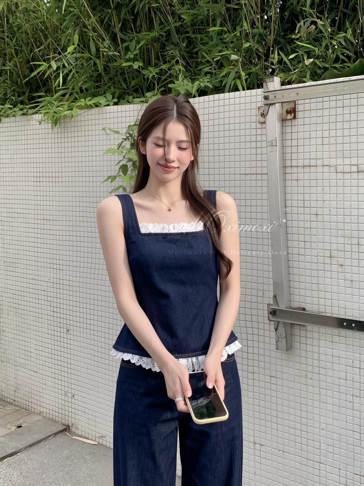 moxi 있으라. 햇빛 일 건조 ~을 통해 보헤미안 레이스 데님 캐미솔 와이드 레그 팬츠 휴가 바람 세트 상세 이미지 9