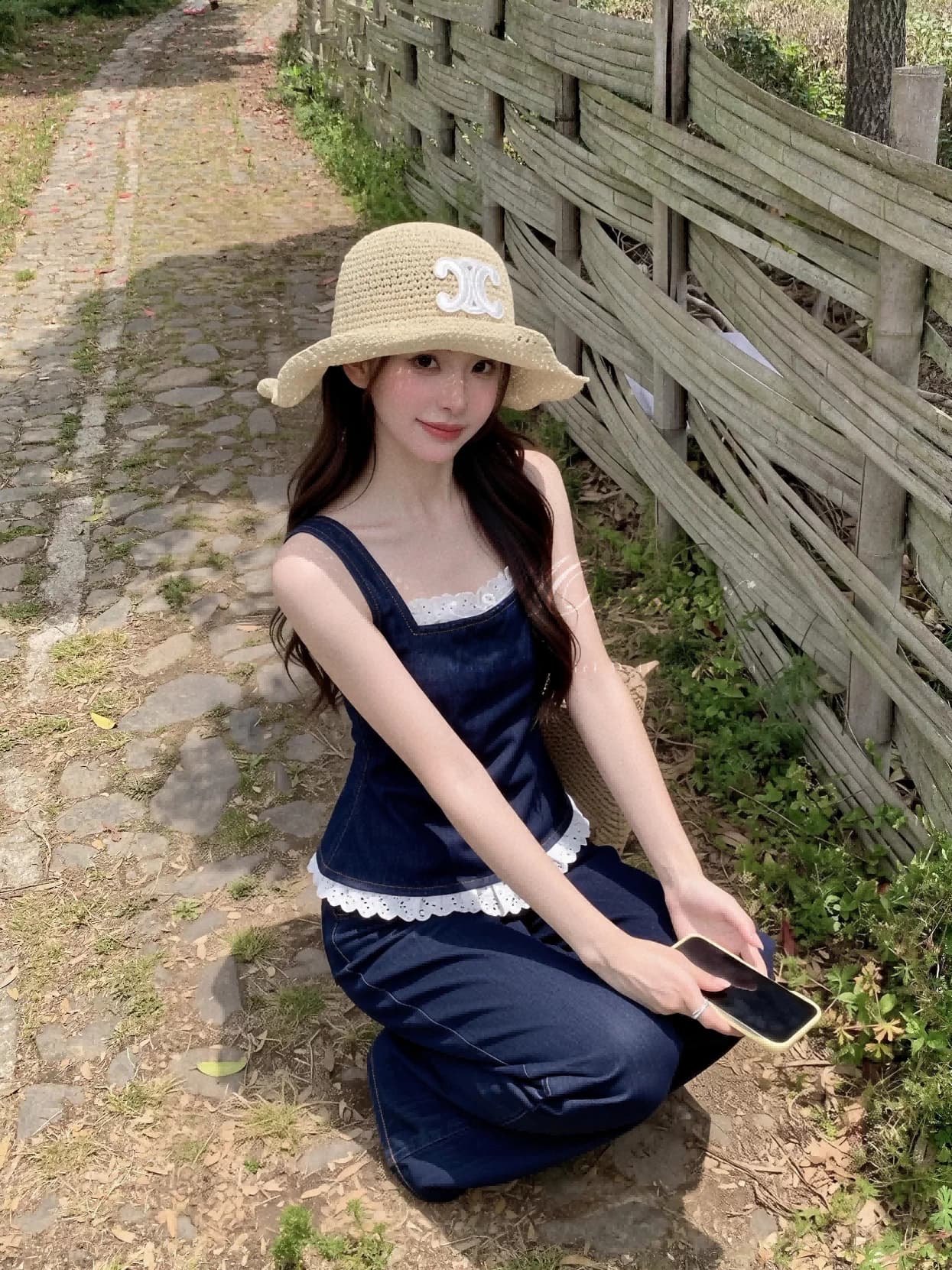 moxi 있으라. 햇빛 일 건조 ~을 통해 보헤미안 레이스 데님 캐미솔 와이드 레그 팬츠 휴가 바람 세트 상세 이미지 12