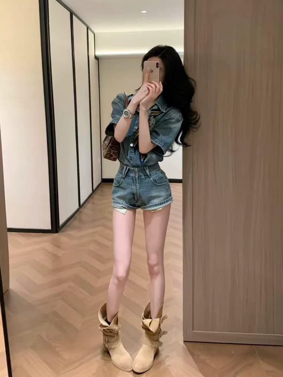 레트로 루즈핏 파란색 데님 셔츠 세트 여성 봄 2026 새로운 캐주얼 착용 가져 가라. 스트레이트 반바지 투피스 세트 상세 이미지 8