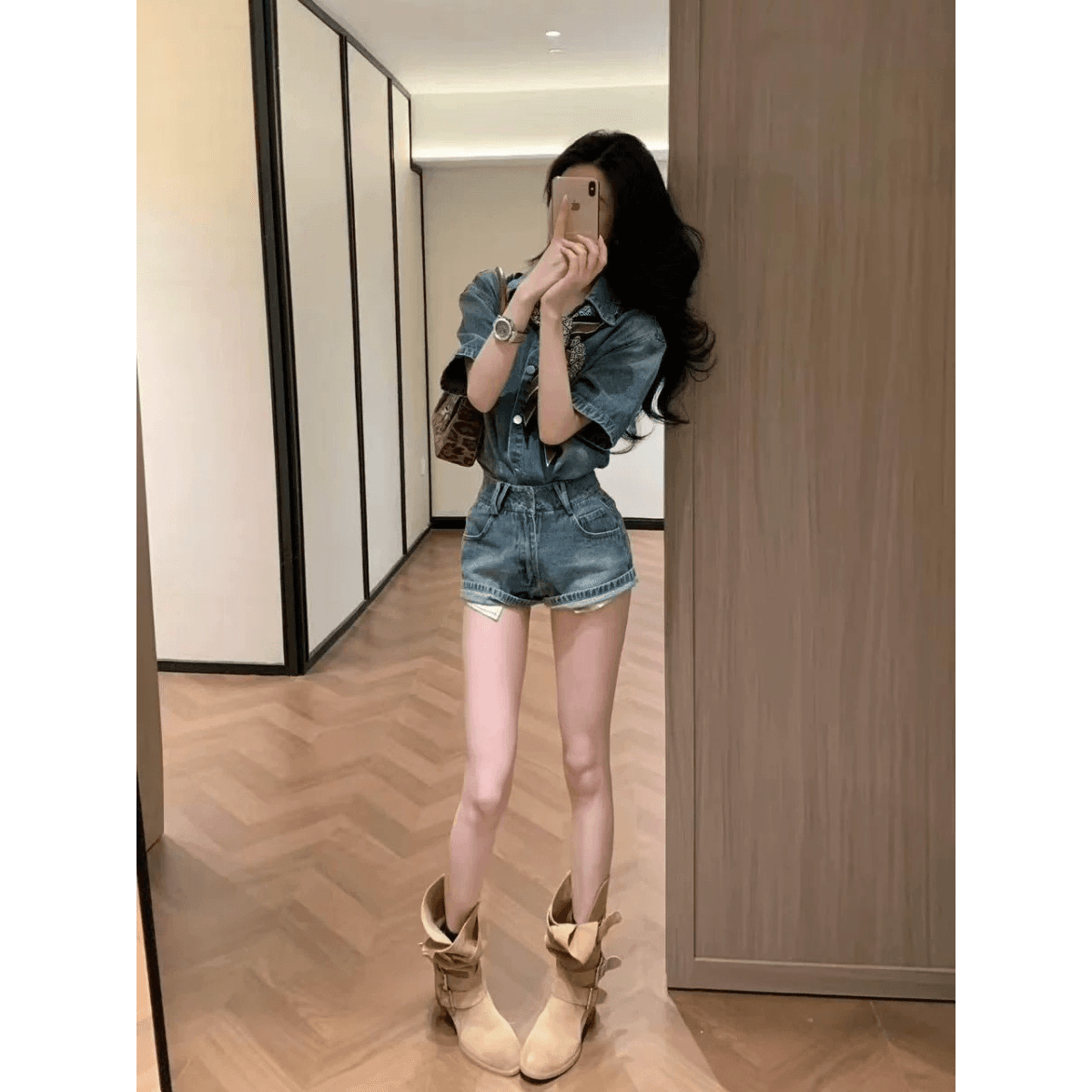 레트로 루즈핏 파란색 데님 셔츠 세트 여성 여름 2026 새로운 캐주얼 착용 잡아라. 의류 반바지 투피스 세트 이미지 5