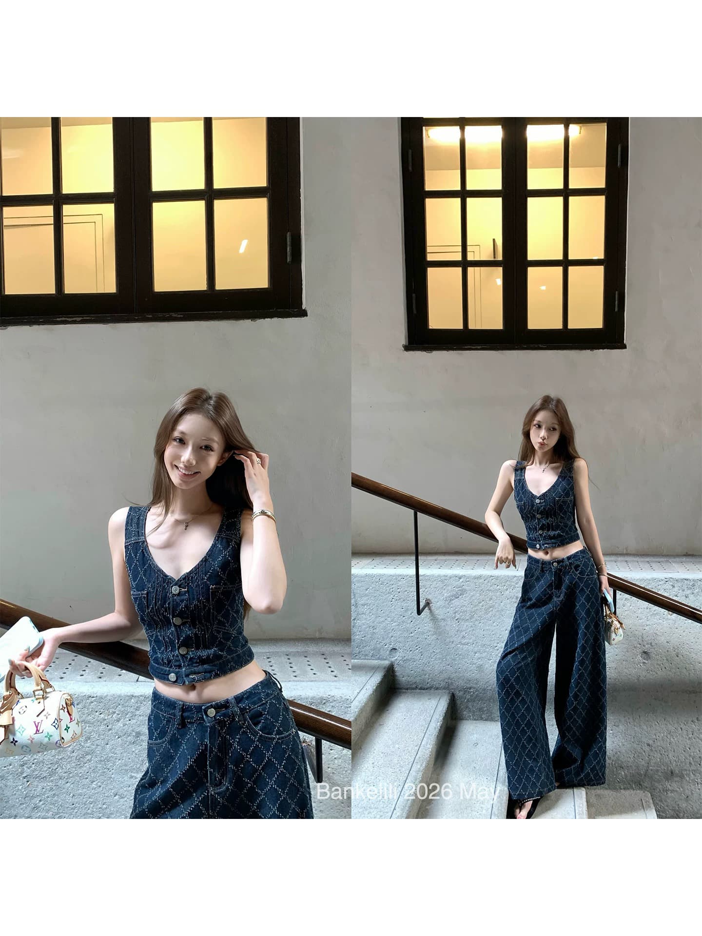 밤나무 코코아 bankelili 고대 복장 링 그리드 원색 링 그리드 자수 데님 베스트 데님 스트레이트 팬츠 여성 이미지 5