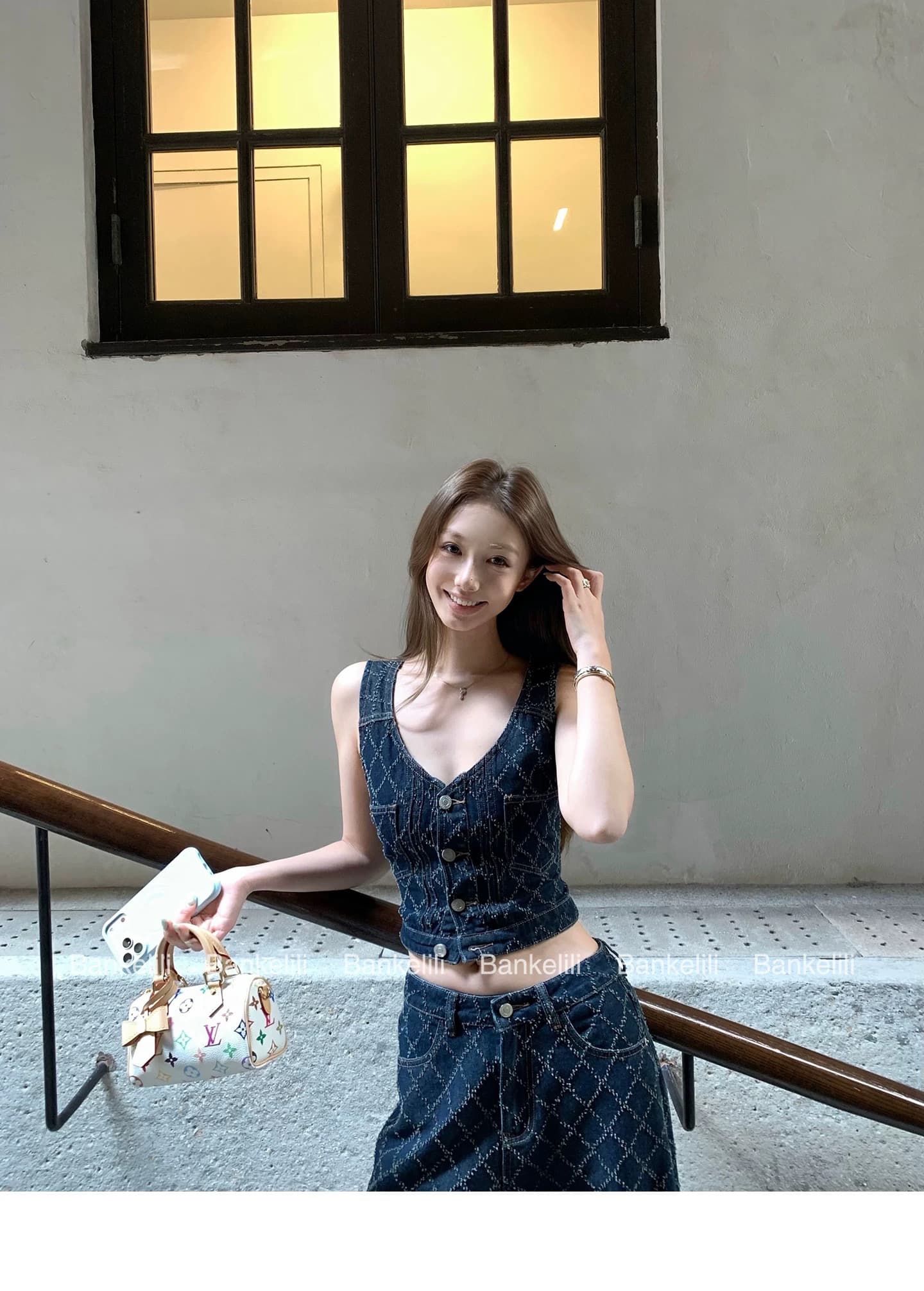 밤나무 코코아 bankelili 고대 복장 링 그리드 원색 링 그리드 자수 데님 베스트 데님 스트레이트 팬츠 여성 상세 이미지 18